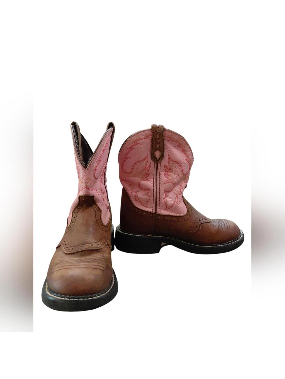 "Justin" Boots Brown and Pink Cowboy Boots. Sz. 6.5. Broken-in, not broken- down